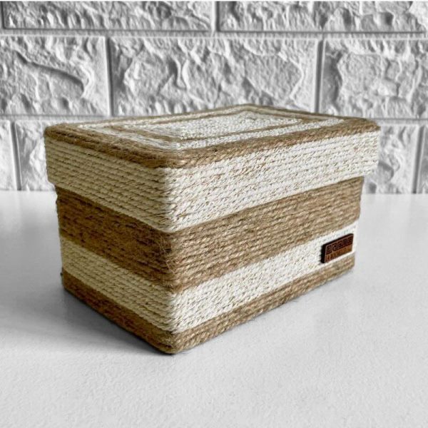 Caja decorativa hecha a mano, forrada en cuerda de yute y cuerda beige con tapa