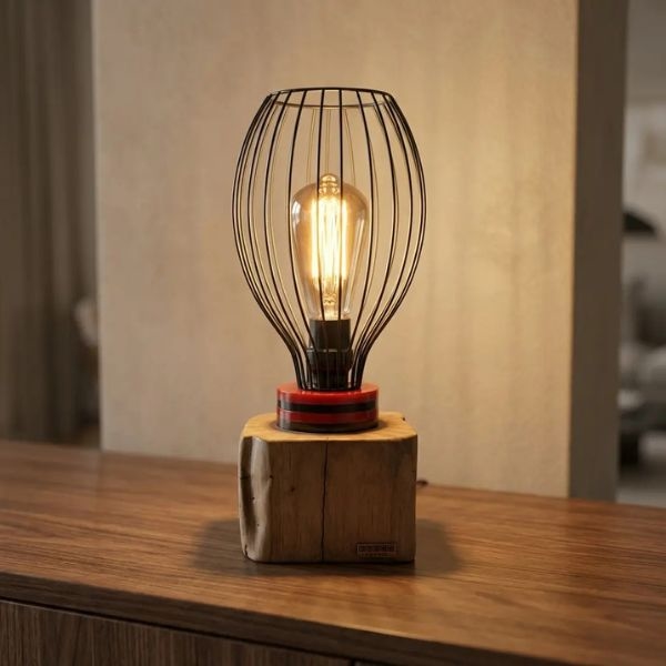 Lámpara de mesa Estrato en madera maciza con estructura metálica y detalles en resina epóxica