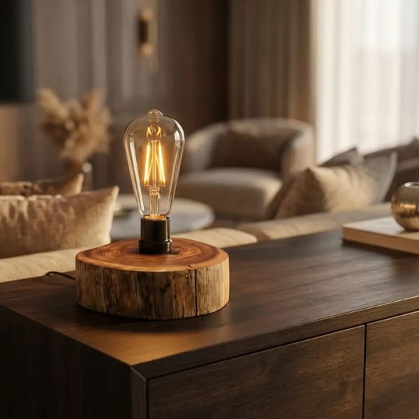 Lámpara de mesa Luma en madera maciza con base de tronco natural, vista frontal, pieza artesanal La Rochelle Crea